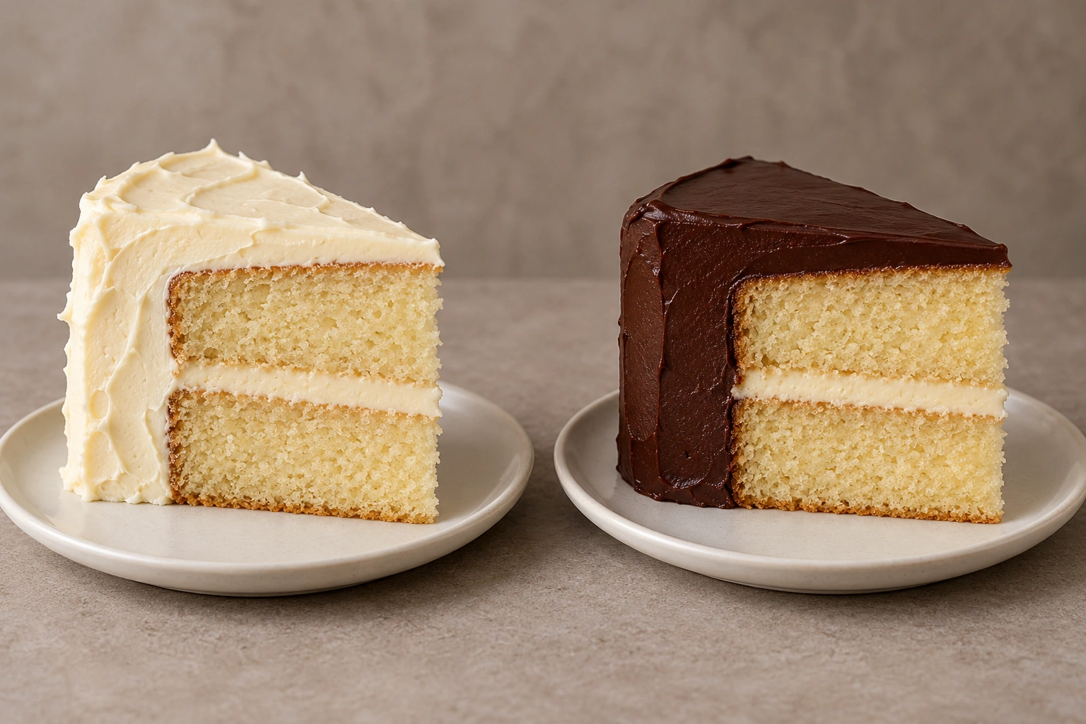 Dua potong cake dengan buttercream dan ganache