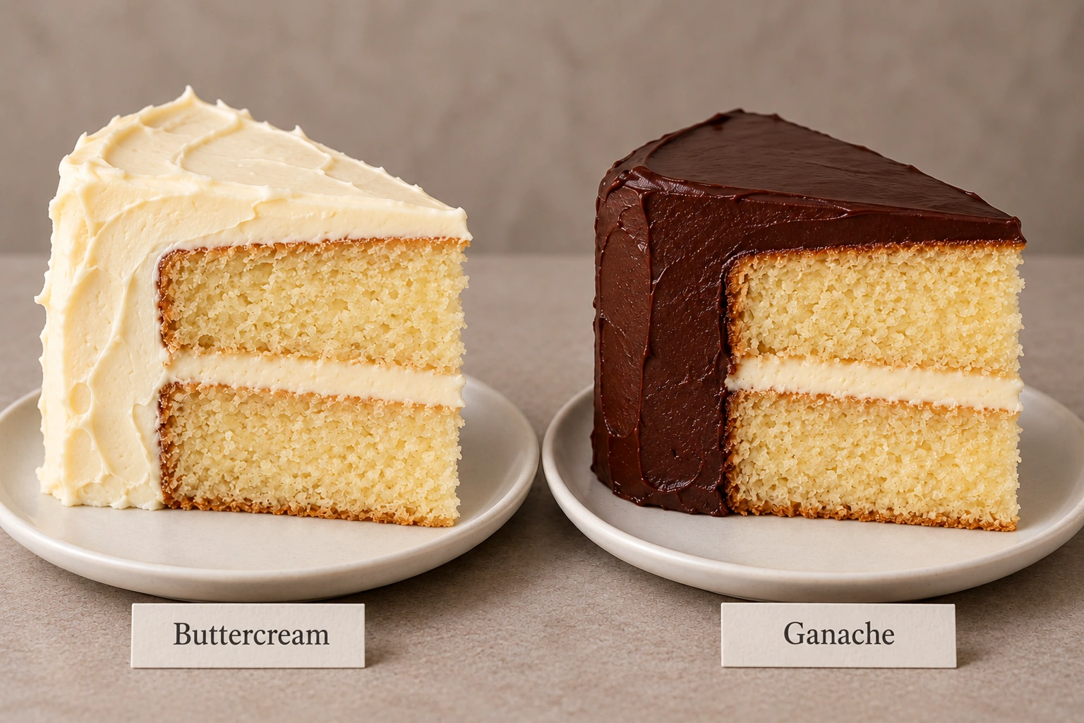 Potongan cake memperlihatkan lapisan buttercream dan ganache