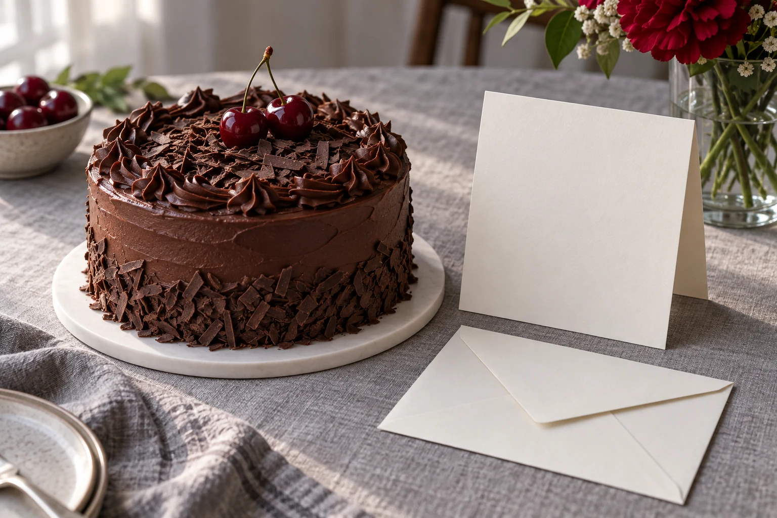 Kartu ucapan kosong dan amplop di samping cake cokelat