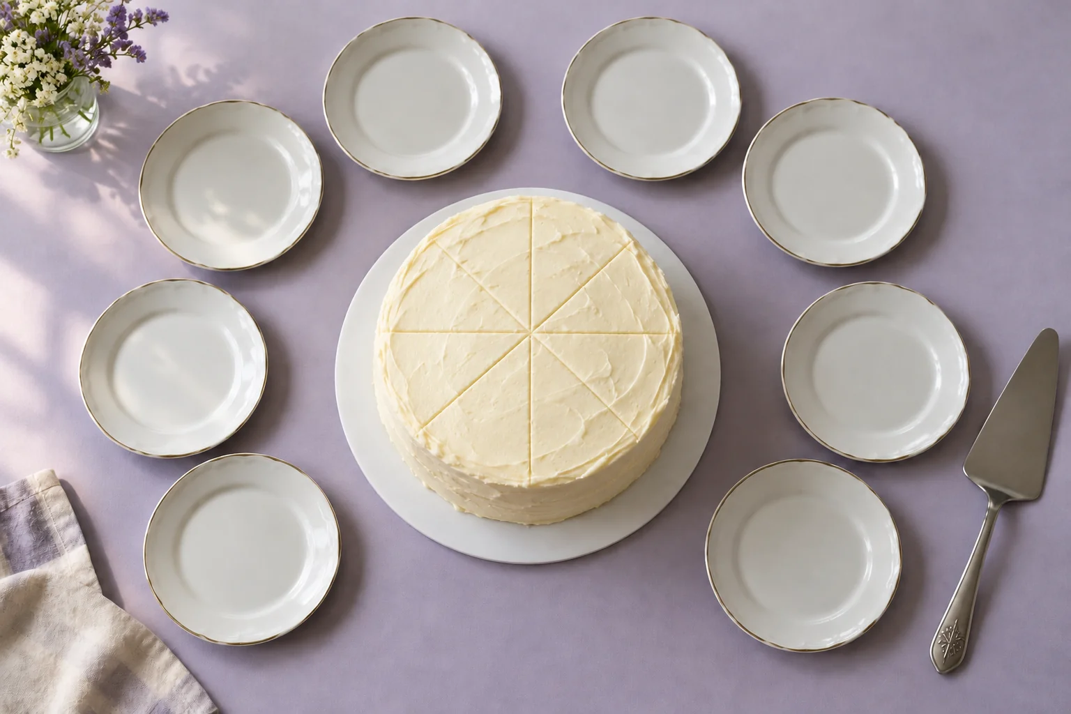 Garis ringan membagi contoh cake bulat menjadi delapan bagian