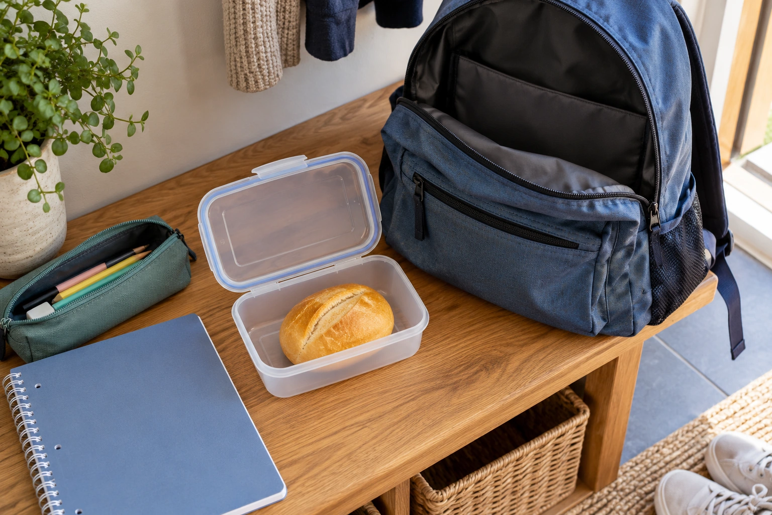 Wadah roti bekal dan tas sekolah yang terbuka