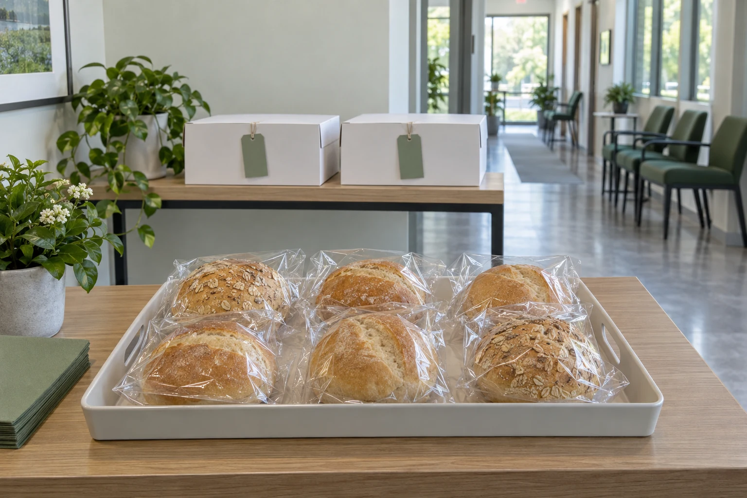 Roti terbungkus siap dibagikan dan kotak tertutup untuk gelombang peserta berikutnya